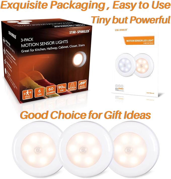 STAR-SPANGLED 3 Pack 2.8” Motion Sensor Lights Indoor AAA Battery Operated, Stick on LED Puck Light for Stairs, Under Cabinet, Closet, Warm White