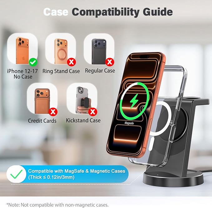 3-in-1 Magnetic Wireless Charger Stand for Apple, 15W Qi2 Fast Charging Station for iPhone 17 16 15 14 13 Pro Max, AirPods, Watch-Desktop Stand with Sleep-Friendly Light, Ideal for Bedside & Desk