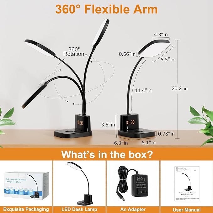 Desk Lamp, Bedside Table Lamps with Wireless Charger and Clock, 30Mins Auto-Off Night Light Lamp, 3 Color Modes Dimmable Touch 800LM CRI 95, LED Desk Lamps for Home Office, Adapter Included