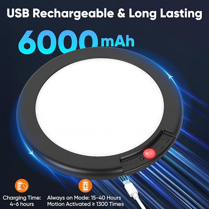 Rechargeable Motion Sensor Ceiling Lights with Remote, Battery Operated Ceiling Lights No Wiring, Wireless LED Ceiling Lights, 3 Colors Dimmable Overhead Lamps for Closet Shower Pantry Hallway, Black