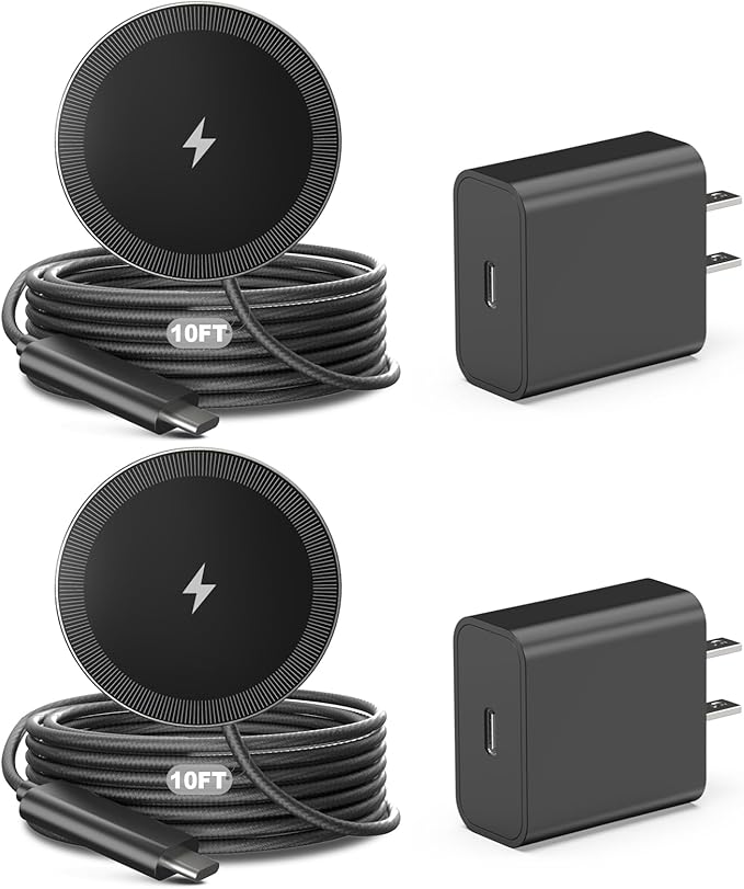 10FT Magnetic Wireless Charger Charging Pad - 15W Qi Fast Phone Charger Puck for Apple iPhone 17 16 15 14 13 12 Series & AirPods 4 3 2 Pro, Phone Charging Pad with Plug for Desk & Travel, 2Pack Black