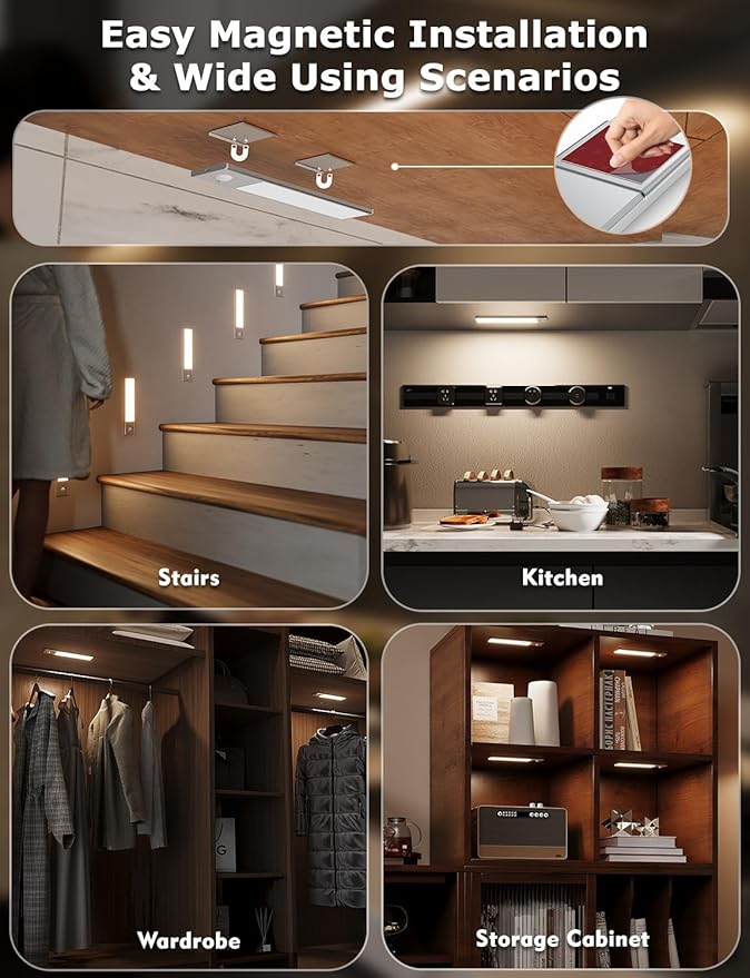 8" Ultra-Thin Under Cabinet Lighting Wireless, Aluminum Alloy Under Counter Lights for Kitchen, 3-Color-Temps Magnetic Closet Lights, Rechargeable Motion Sensor Light Indoor (2 Pack, Silver)