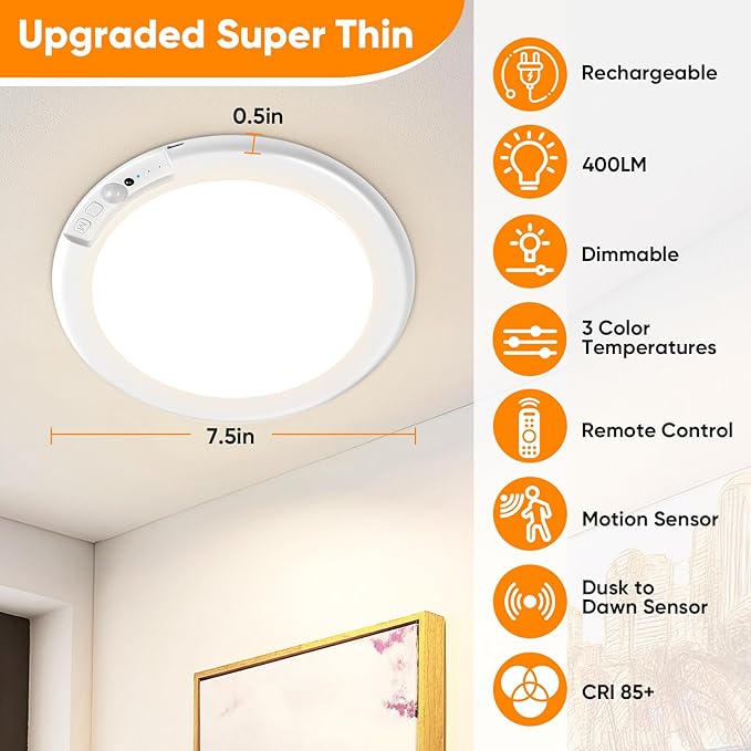 Bairth Rechargeable Motion Sensor Ceiling Lights with Remote, Battery Operated Ceiling Lights No Wiring, Wireless 3 Colors Dimmable Overhead Lamps for Closet Shower Shed Hallway, 4-Pack