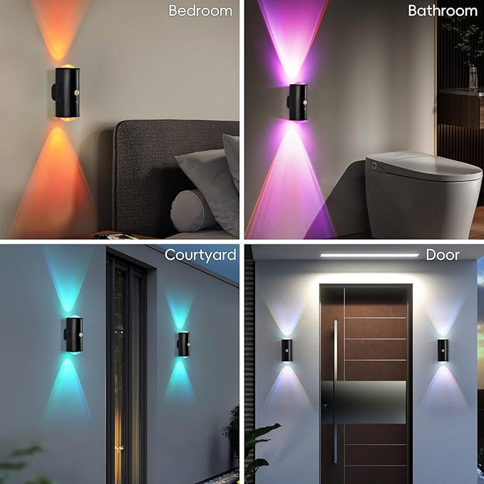 LED Wireless Wall Sconce with Remote, 16 Colors Changing, Motion Sensor Light Indoor, Dimmable, 1500mAh Rechargeable Battery Operated Wall Sconces for Hallway, Stairway, Bedroom, Black, 2-Pack