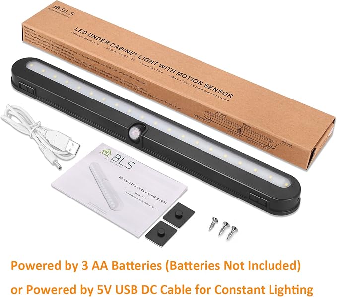BLS T01LB LED Closet Light Super Bright 20 LED Under Cabinet Lighting Battery Powered/DC Input Wireless Motion Sensing Light, Auto On Off Switch, Motion & Light Sensor, Light Beam Adjustable