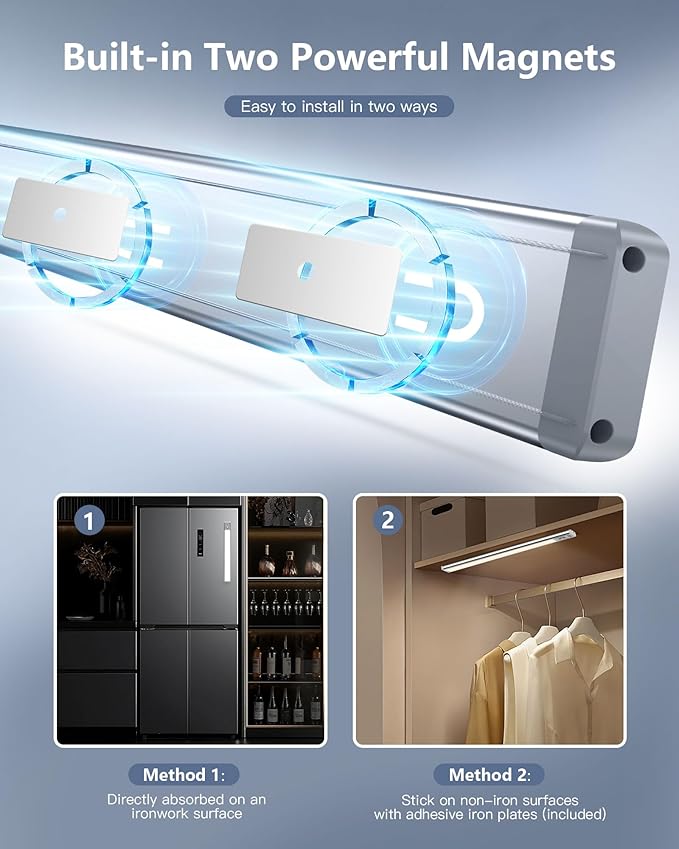 OTWKAY 14.5inch Under Cabinet Lighting with 3 Color Temps, 2 Pack Rechargeable Motion Sensor Lights Indoor, Dimmable Under Counter Lights for Kitchen, Closet