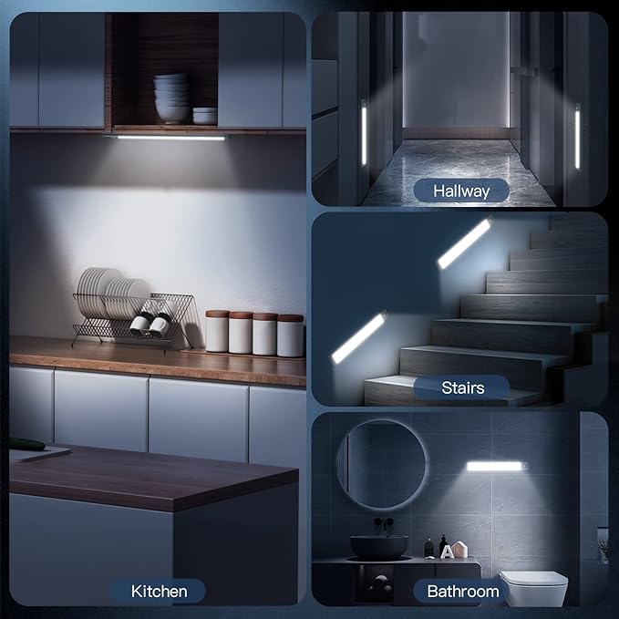 Under Cabinet Lighting, 14.7" Rechargeable Motion Sensor Light Indoor, 2 Pack Magnetic Dimmable Closet Lights, Wireless Under Counter Lights for Kitchen, Stairs,Hallway