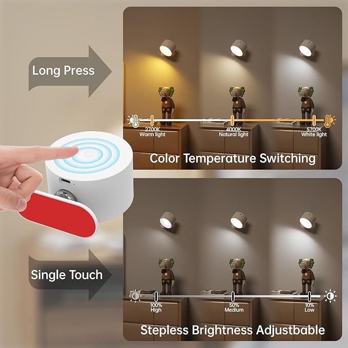Deyagoo 3PACK Romote LED Wall Sconce - Rechargeable Wall Light, 3 Colors & 3 Brightness Levels, 360° Magnetic Rotating Head, Bedside Reading Lamp, Easy Install Battery Operated Lamp White