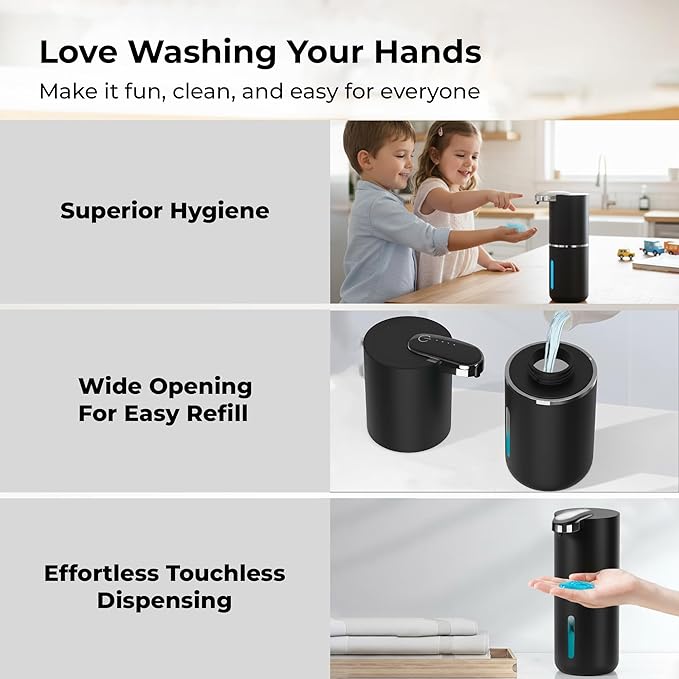 Automatic Soap Dispenser - Touchless Liquid Soap Pump for Kitchen Sink & Bathroom, USB-C Rechargeable, IPX5 Waterproof, Wall Mount or Countertop, 12.8oz (Black)