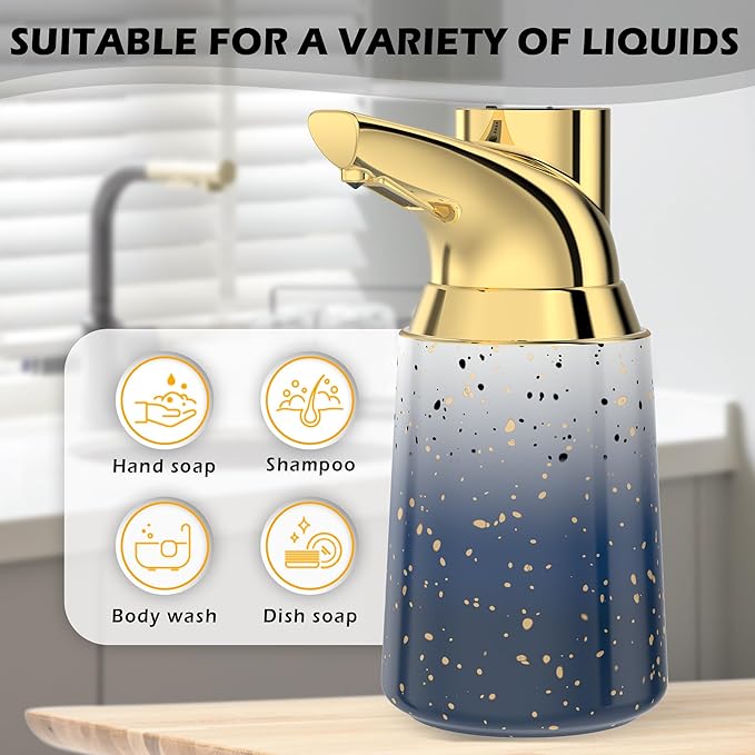 Adjustable Automatic Soap Dispenser Touchless, Ceramic Material，4 Adjustable Levels， Type-c Rechargeable Operated Sensor Liquid Soap Pump，Touch-Free Hand Sanitizer Dispenser (Starry Gold)