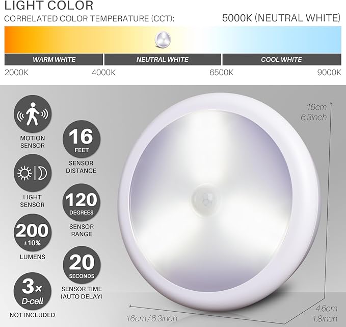 STAR-SPANGLED 6.3” Motion Sensor Ceiling Light Indoor AA or D-Cell Battery Operated for Hallway, Stairs, Basement, Garage, Laundry Area, Closet, Natural White, AA to D Battery Adapters Included