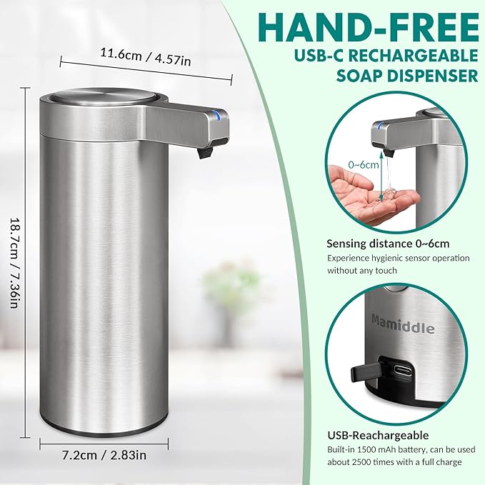 Automatic Soap Dispenser Stainless Steel with Sensor Infrared Soap Dispenser Electric IPX5 Waterproof USB-C Charging Motion Sensor for Kitchen & Bathroom (Silver)