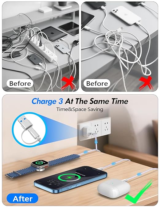 1Pack Multi Charging Cable Cord for Travel Essentials,Apple Watch Charger,iPhone Charger,[3-in-2] Type C/Lightning Cable Portable Designed for iWatch,iPhone 17-8,Galaxy S25-21,AirPods,iPad-1.5M Purple