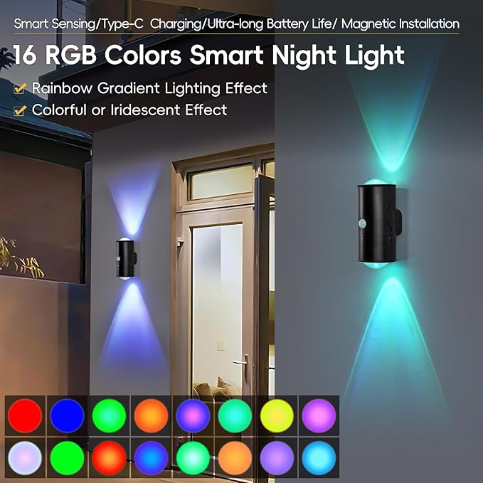 LED Wireless Wall Sconce with Remote, 16 Colors Changing, Motion Sensor Light Indoor, Dimmable, 1500mAh Rechargeable Battery Operated Wall Sconces for Hallway, Stairway, Bedroom, Black, 2-Pack