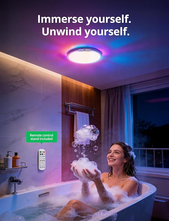 Bojim 10000mAh Battery Operated Ceiling Light with Remote, Rechargeable Wireless Waterproof Shower Light with RGB Backlight, 12 Inch Dimmable Hallway Lamp Motion Sensor for Room Closet Pantry Garage