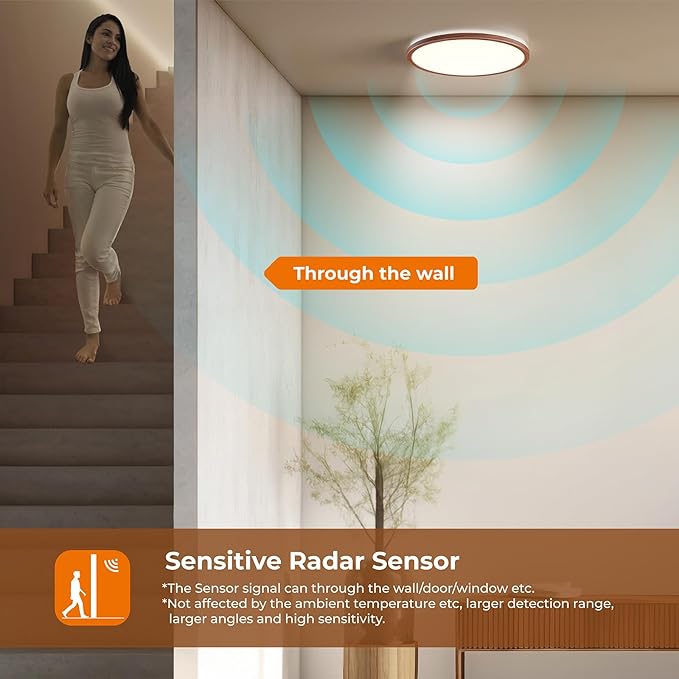 Matane Motion Sensor LED Ceiling Light with Remote, 12 Inch Wired Flush Mount Light 3000K 4000K 5000K, 2400LM Dimmable Motion Sensor Light Indoor for Closet Hallway Laundry Stairs Walnut Wood Grain