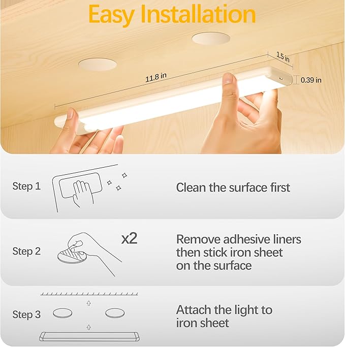 Motion Sensor Under Cabinet Lights, Magnetic Rechargeable Under Counter Closet Light, Wireless Night Light Bar Stick-On, 3-Pack, Warm White