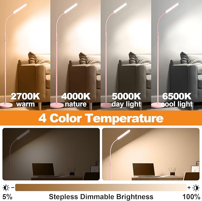 marctronic Pink LED Floor Lamp, 18W 1800LM Bright Floor Lamp with Remote & Works with Smart Plug, Dimmable Timing Eye Caring Reading Light Modern Standing Floor Lamps for Living Room Bedroom Office