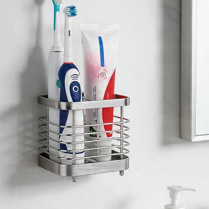 2 Slots Wall Mount Toothbrush Holder for Bathroom, Stainless Steel Toothbrush and Toothpaste Holder Organizer, Electric Toothbrush Holder Self Adhesive Wallmount/Countertop Organizer(Silver)