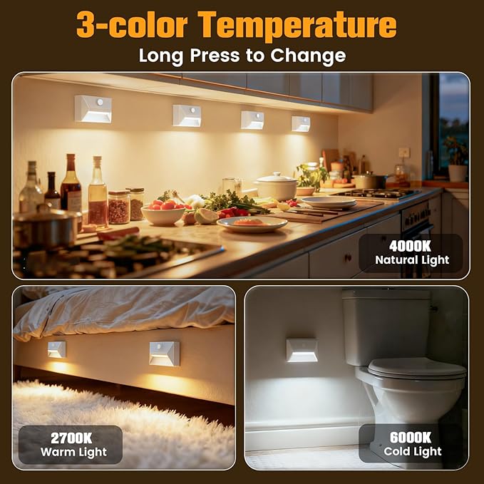 VOLISUN Motion Sensor Stair Light Rechargeable 8 Pack, Night Lights 3 Modes & 3 Color Temperatures, Magnetic Rechargeable Stick-On Lights for Stairs, Hallway, Cabinet(White)