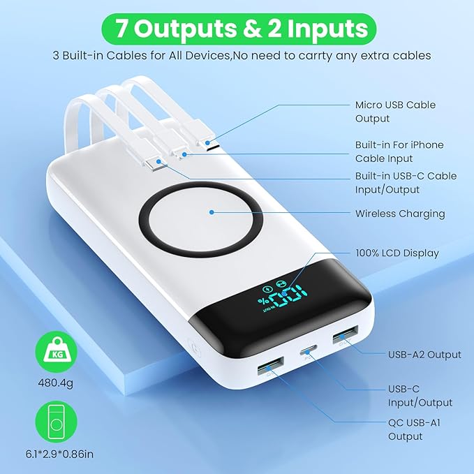 YHO Wireless Portable Charger 40800mAh for iPhone with Built-in Cables, 15W Wireless Charging USB C Power Bank,25W PD Fast Charging Travel Essential Battery Pack for iPhone 17/16/15,Android-White