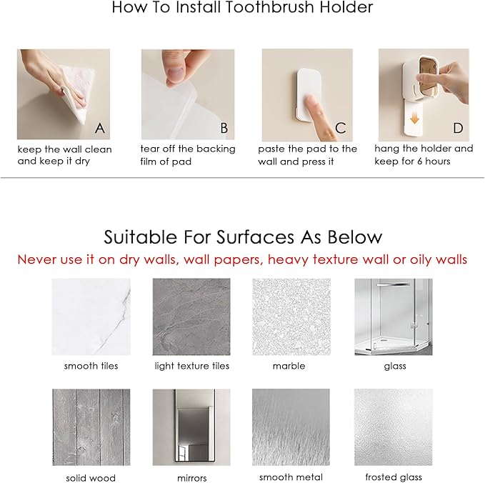 4PCS Toothbrush Holder Wall Mounted for Bathroom with Cover for Shower - Single Slot Toothbrush Dispenser Storage Organizer for Travel with Detachable Design