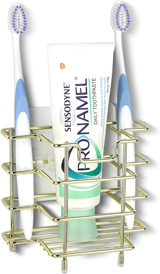 Linkidea Wall Mount/Countertop Toothbrush Holder for Shower, Stainless Steel Toothpaste Stand, 3 Slots Organizer Compatible with Colgate Extra Clean, Oral-B CrossAction (Gold)