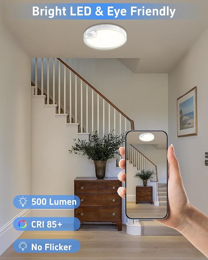 TOOWELL Rechargeable Motion Sensor Ceiling Light: Closet Lights Motion Sensored, Battery Operated Shower Light for Closet Shower Bathroom Pantry Porch 500LM, No Wired, 2 Pack