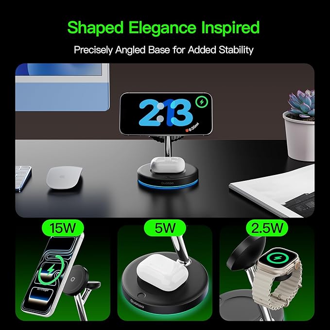 Ouotoo 3 in 1 Charging Station for Apple Compatible，Charging Speed Increased by 28%, Magsafe Charger Stand，for iPhone 17-12 Wireless Charging Station,for AirPods Wireless Charger for iWatch Series