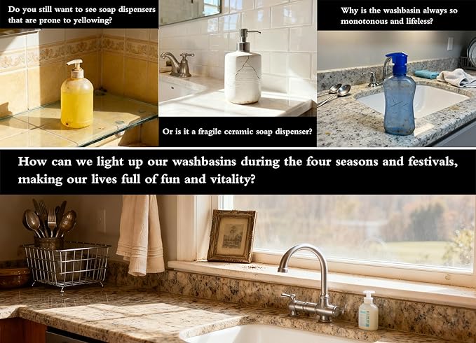 Seasonal Soap Dispenser with 11 Interchangeable Magnets - Seasonal Decor - Farmhouse Bathroom Kitchen Decor (Resin,Built in Magnet) - 8.82oz (Gold)