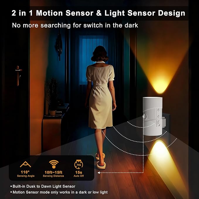 easuntec Motion Sensor Light Indoor, Night Lights Plug into Wall, Motion Sensor & Dusk to Dawn Sensor, 3 Light Modes, Dimmable Night Light for Bedroom Bathroom Hallway Kitchen Stairs (White, 2 Pack)