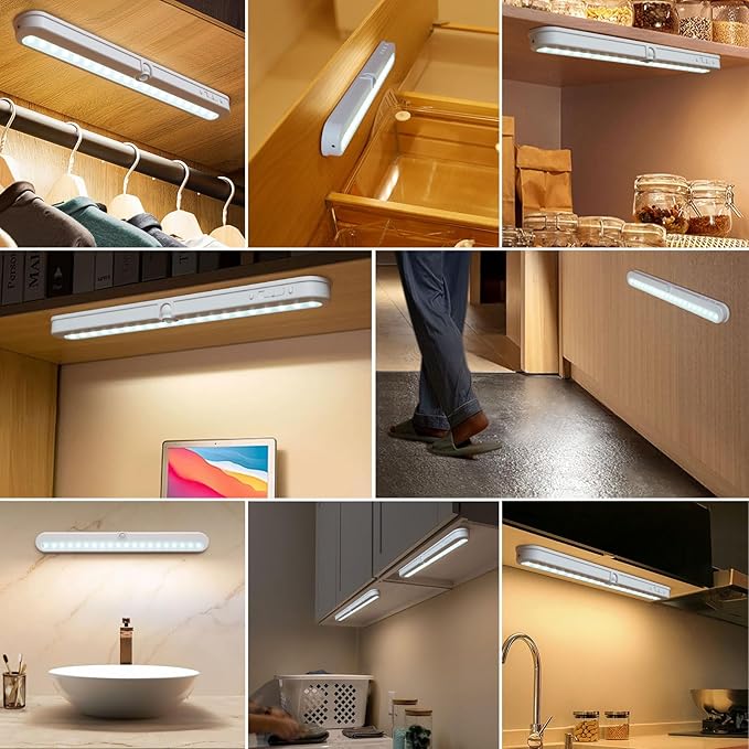 BLS T01L LED Closet Light, Super Bright 20 LED Under Cabinet Lighting Battery Powered/DC Input Wireless Motion Sensing Light, Auto On Off Switch, Motion Sensor & Light Sensor, Light Beam Adjustable