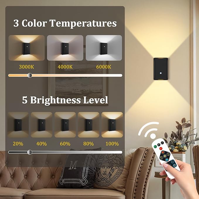 Eneru Rechargeable Motion Sensor Night Light: 5000mAh Black Battery Operated Wall Sconce with Remote Control, 3 Colors Wireless Stair Lights Indoor, Magnetic LED Night Lamp for Hallway Porch, 1 Pack