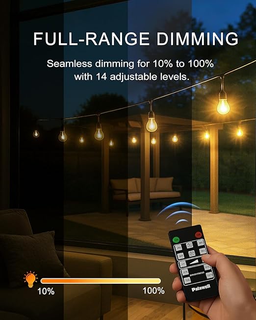 Outdoor Dimmer Plug for String Lights with Remote, 600W Plug-in Dimmer Switch Dusk-to-Dawn Sensor + Timer, Power Outage Memory, IP65 Waterproof, No App No WiFi, for Patio, Indoor & Holiday Lights