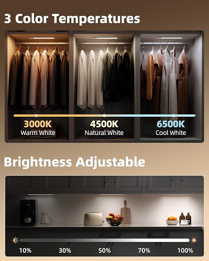 EZVALO 12-inch Under Cabinet Lighting, 3200mAh Rechargeable Motion Sensor Light Indoor, with Dimmable & 3 Color Temps, Magnetic Closet Lights, Wireless Under Counter Lights for Kitchen, Stairs(4-Pack)
