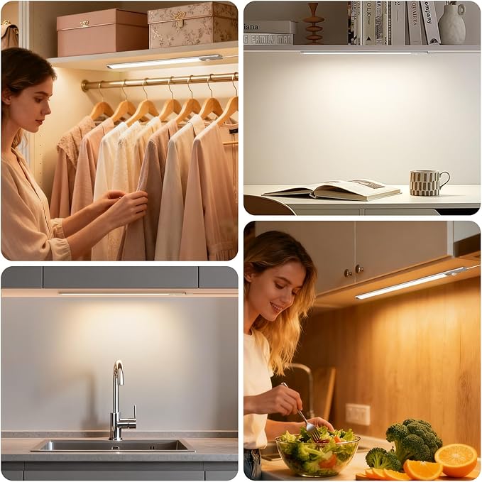 BLS 0.3" Ultra Thin Motion Sensor Under Cabinet Lights Plug in, 400LM 3 Color Dimmable LED Light Bar with Remote, USB Wired Under Counter Lighting for Kitchen Desk Shelf Workbench (No Battery), 14inch