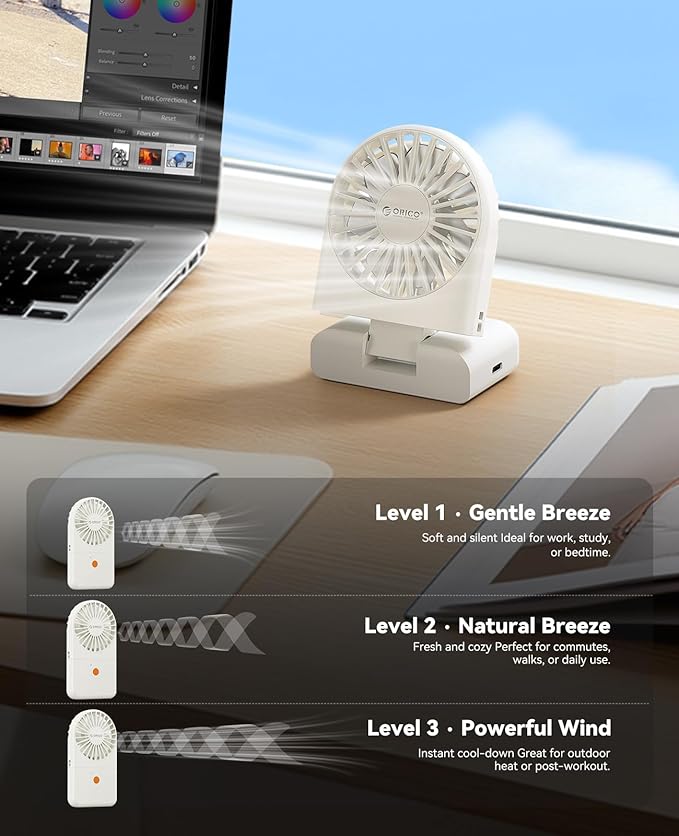 ORICO Portable Neck Fan, Ultra-Lightweight Hands-Free Fan with Battery Operated, 3 Speeds, 7H Runtime, Foldable Desk Fan for Travel, Office, Commute -ReFAN White