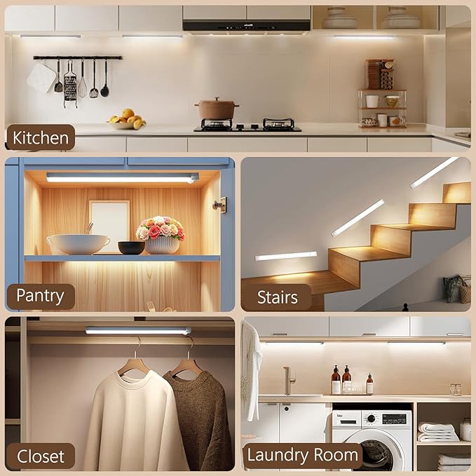 DWEPTU Rechargeable Motion Sensor Light Indoor, 12” LED Under Cabinet Lighting with 3 Modes & Memory Dimming, Stick On Lights for Closet, Kitchen, Hallways (2 Pack)