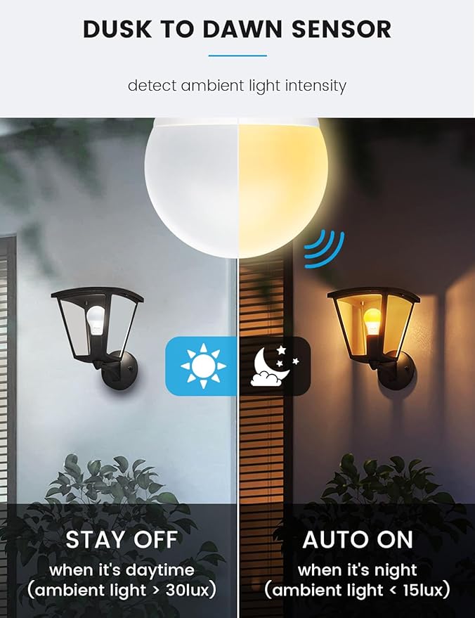 Dusk to Dawn LED Light Bulbs Outdoor, 13W Ultra Bright(100W Equivalent), 3000K Warm White Lightbulb Built-in Photocell Sensor, Auto On/Off Bulb for Garage, Wall Lantern, Patio, 2 Pack