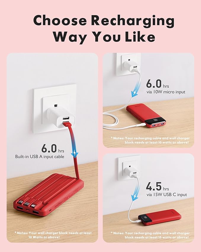 charmast Portable Charger with Reinforced Built-in 4 Cables,10000mAh Power Bank Travel Essentials 6 Outputs 3 Inputs 3A Fast Charging Compatible with iPhone iPad Samsung Google Pixel LG Moto etc.