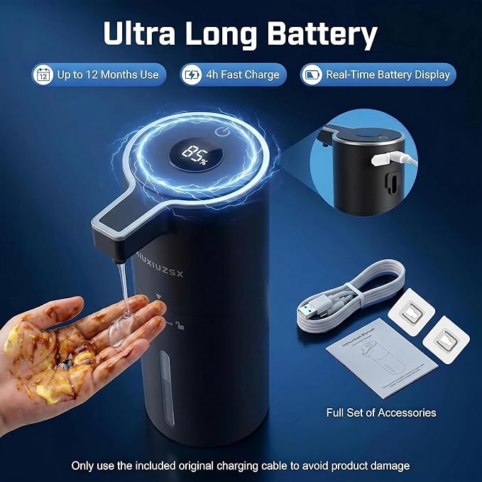 Automatic Foaming Soap Dispenser Touchless Upgrade Pump Uneasy Plugging Wall Mounted USB Rechargeable, 4-Level Adjustable 13.52oz Modern Electric Hand Soap Dispenser Kitchen Bathroom Kids Family Black
