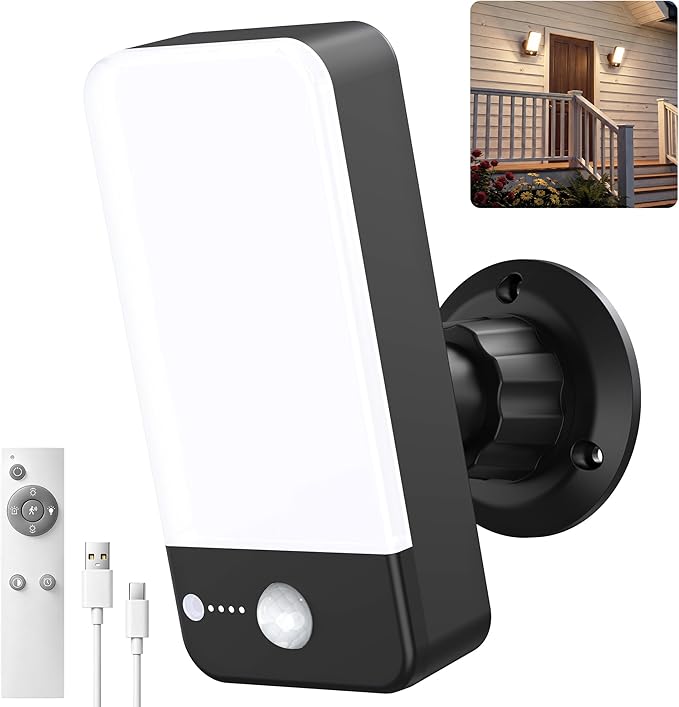 ropelux Motion Sensor Outdoor Lights, 800LM Super Bright Rechargeable Motion Sensor Light, 3CCT Dimmable 3 Modes Remote Control, Waterproof Battery Operated Security Lights for Porch Garage Patio 1PC