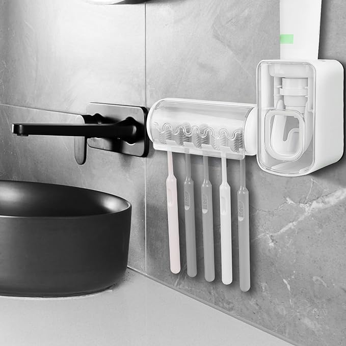 5 Slots Wall Mount Toothbrush Holder with Cover, Self Adhesive Toothbrush Storage Organizer for Shower, Toothbrush Hanger with Automatic Toothpaste Squeezer Dispenser (White)