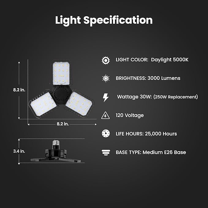 Feit Electric LED Garage Light, Multiple Adjustable Panels, E26 Base, Ideal for Garage, Workshop, Shed, 25,000-Hour Lifetime