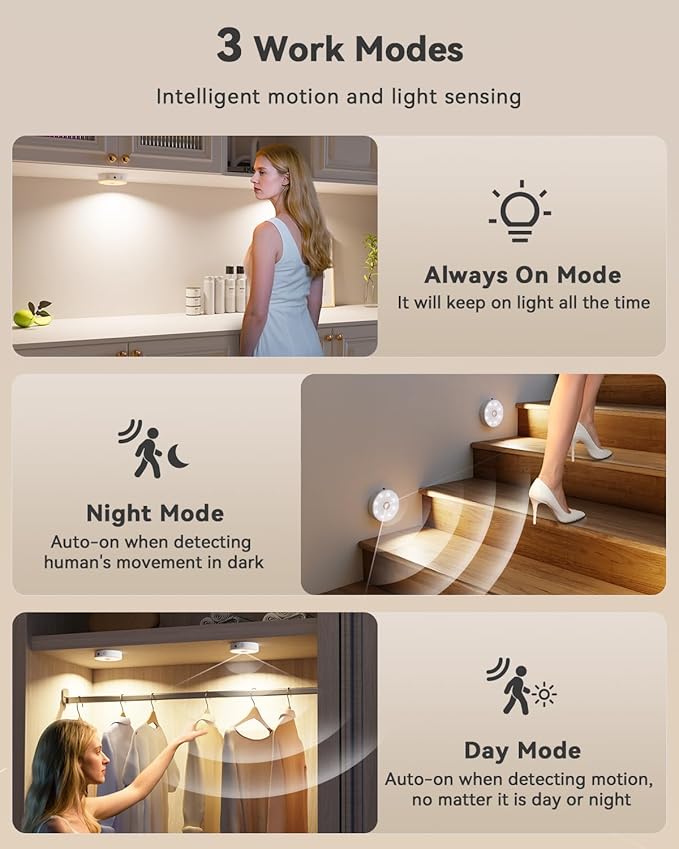 LENOMA Puck Lights with Remote, Rechargeable Under Cabinet Lighting, 3 Color Temps, 12 RGB Color LED Motion Sensor Lights Wireless, Dimmable Tap Lights for Closet, Kitchen, Shelf, Stair, 2 Pack
