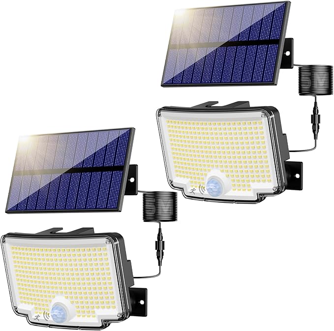 Peasur Solar Lights Outdoor Waterproof, [318 LED/3 Modes] Solar Motion Security Light, Flood Lights with 16.4 FT Cable for Outside Garden Garage Yard, 2 Pack