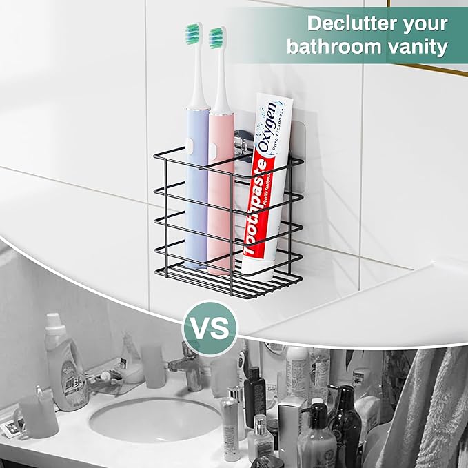 Shower Toothbrush Holder Wall Mounted, Adhesive Toothpaste Organizer for Bathroom Wall, Hanging Tooth Brush Holder Caddy with Drainage, Black RV Camper Bathroom Organizers and Storage