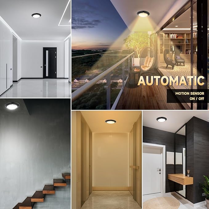 ECOELER Motion Sensor Ceiling Light, 3CCT Selectable Motion Detector Disk Lights with Time Countdown & Light Sensor, Hard-Wired Occupancy Light for for Hallway, Stair, Closet, Black, 2 Pack