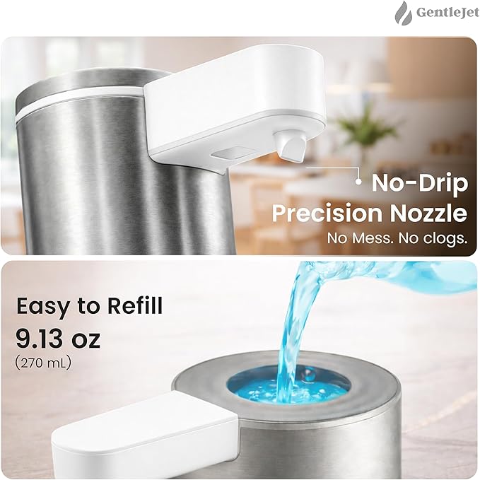 GentleJet OpalDrop Automatic Liquid Soap Dispenser for Kitchen Sink Touchless No-Drip Pump, USB-C Rechargeable, 304 Stainless Steel, IPX5 Water-Resistant, 270 ml