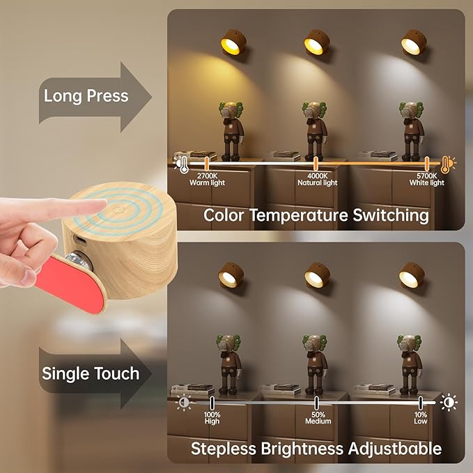 Deyagoo 3PACK Romote LED Wall Sconce - Rechargeable Wall Light, 3 Colors & 3 Brightness Levels, 360° Magnetic Rotating Head, Bedside Reading Lamp, Easy Install Battery Operated Lamp Wood